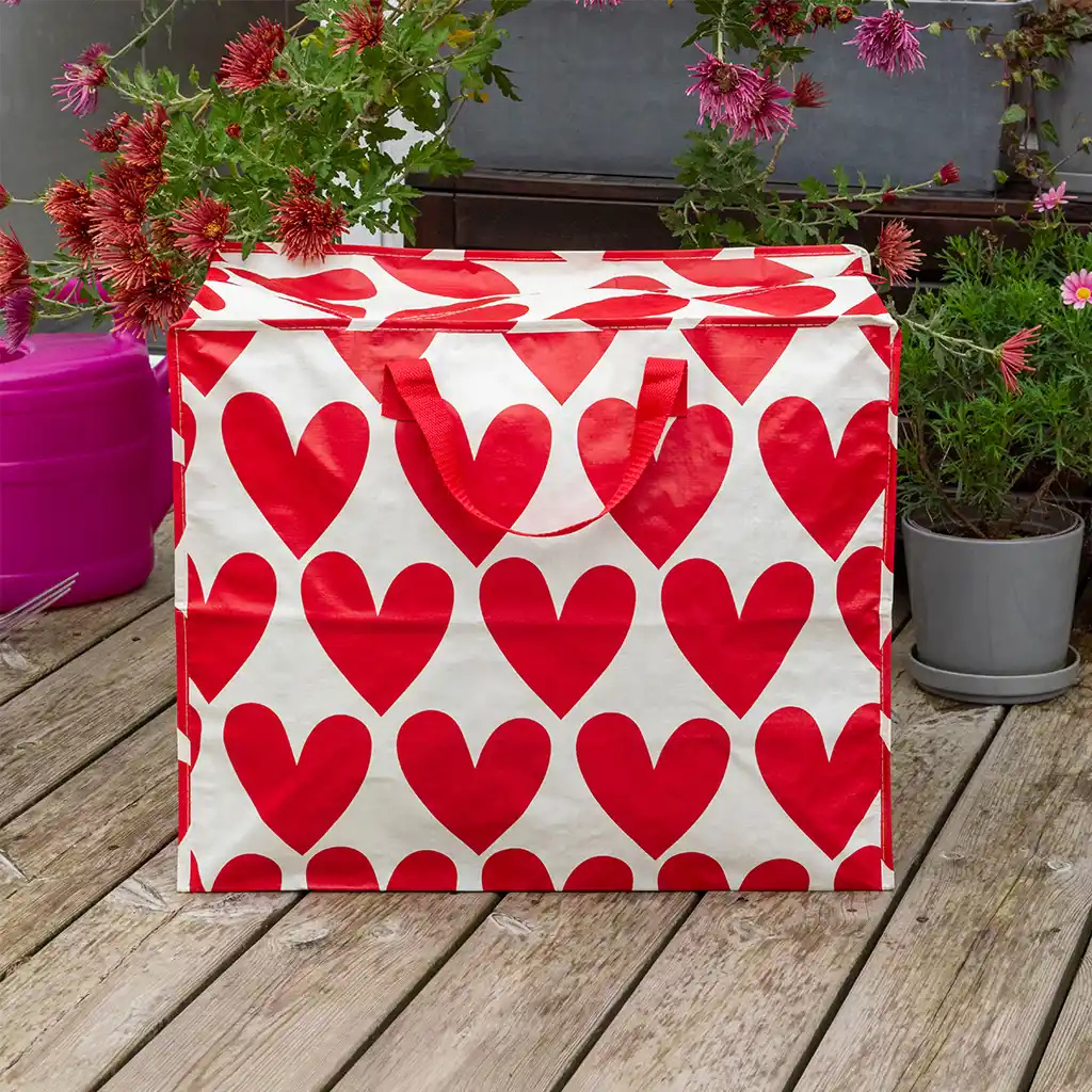 Große Tasche mit Herzen, weiß/rot