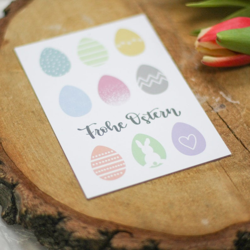 Postkarte „Frohe Ostern“, mit bunten Ostereiern