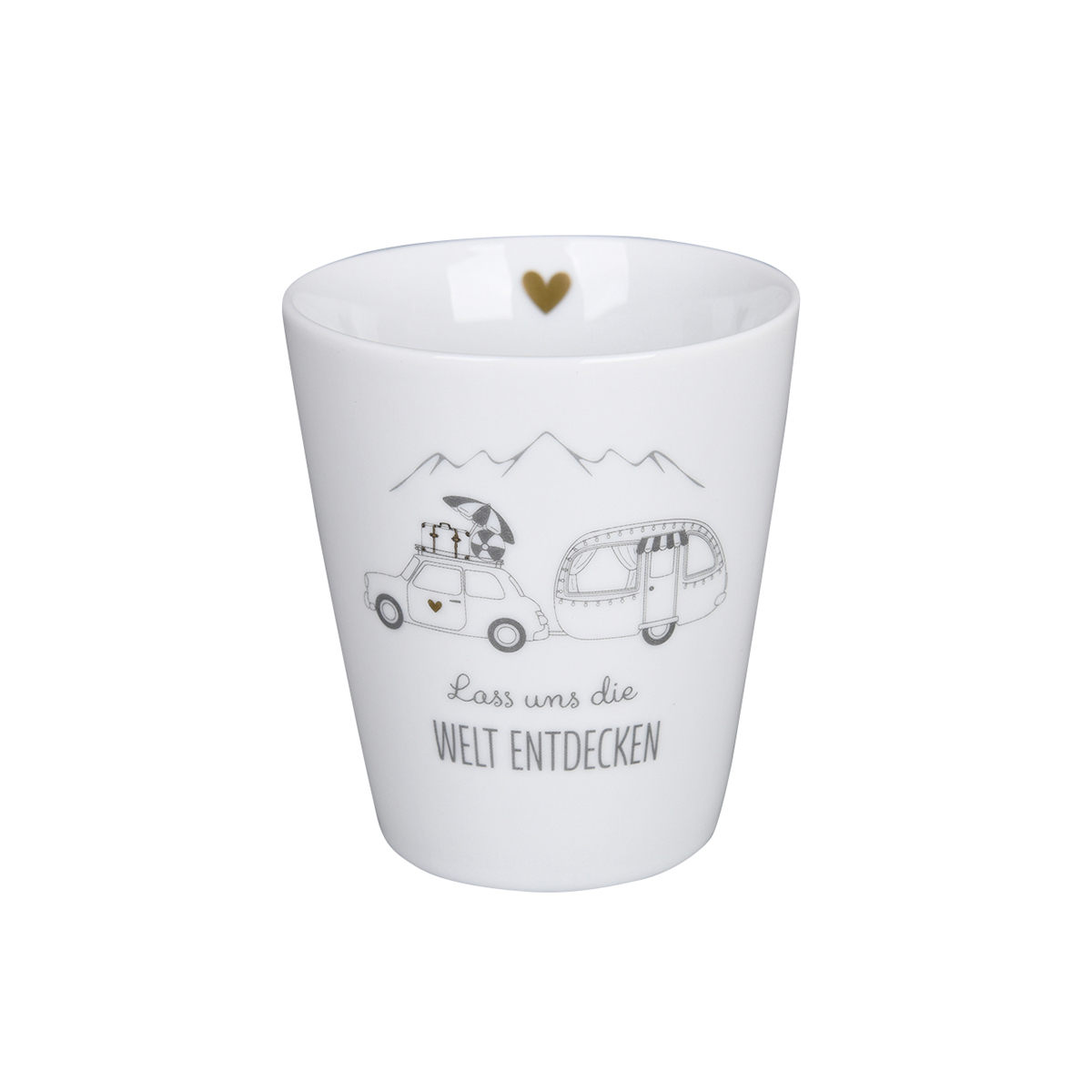 Tasse "Lass uns die Welt entdecken", grau/gold