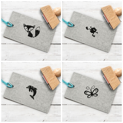 Stempelpaket Fuchs, Frosch, Delfin, Schmetterling, je 2 cm