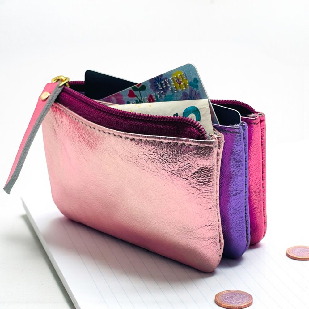 Portemonnaie, mini 3er, Leder, metallic pink