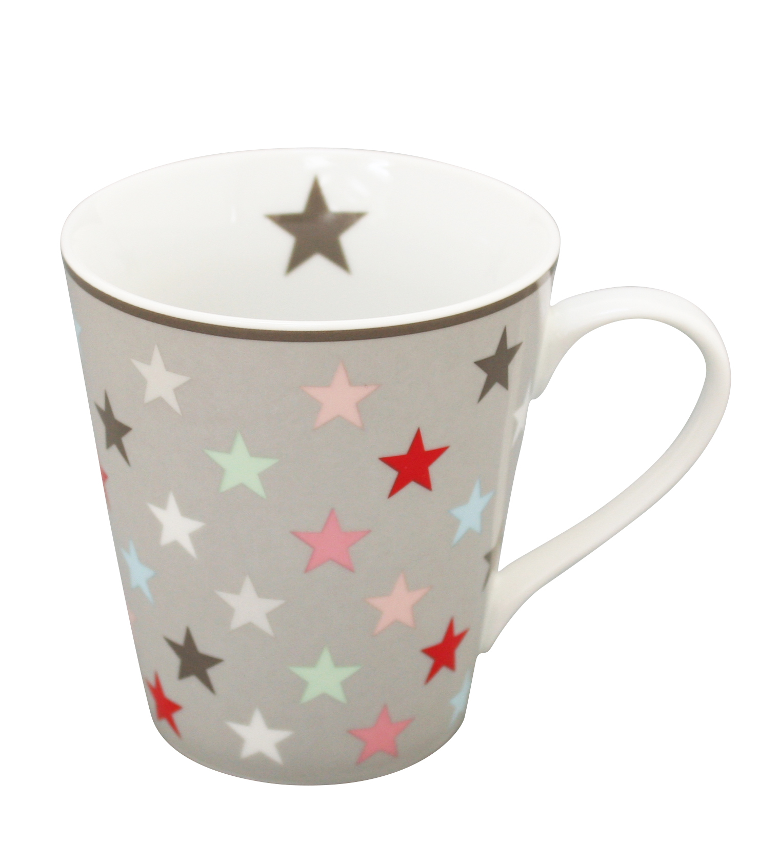 Tasse mit Henkel und Sternen, grau/bunt