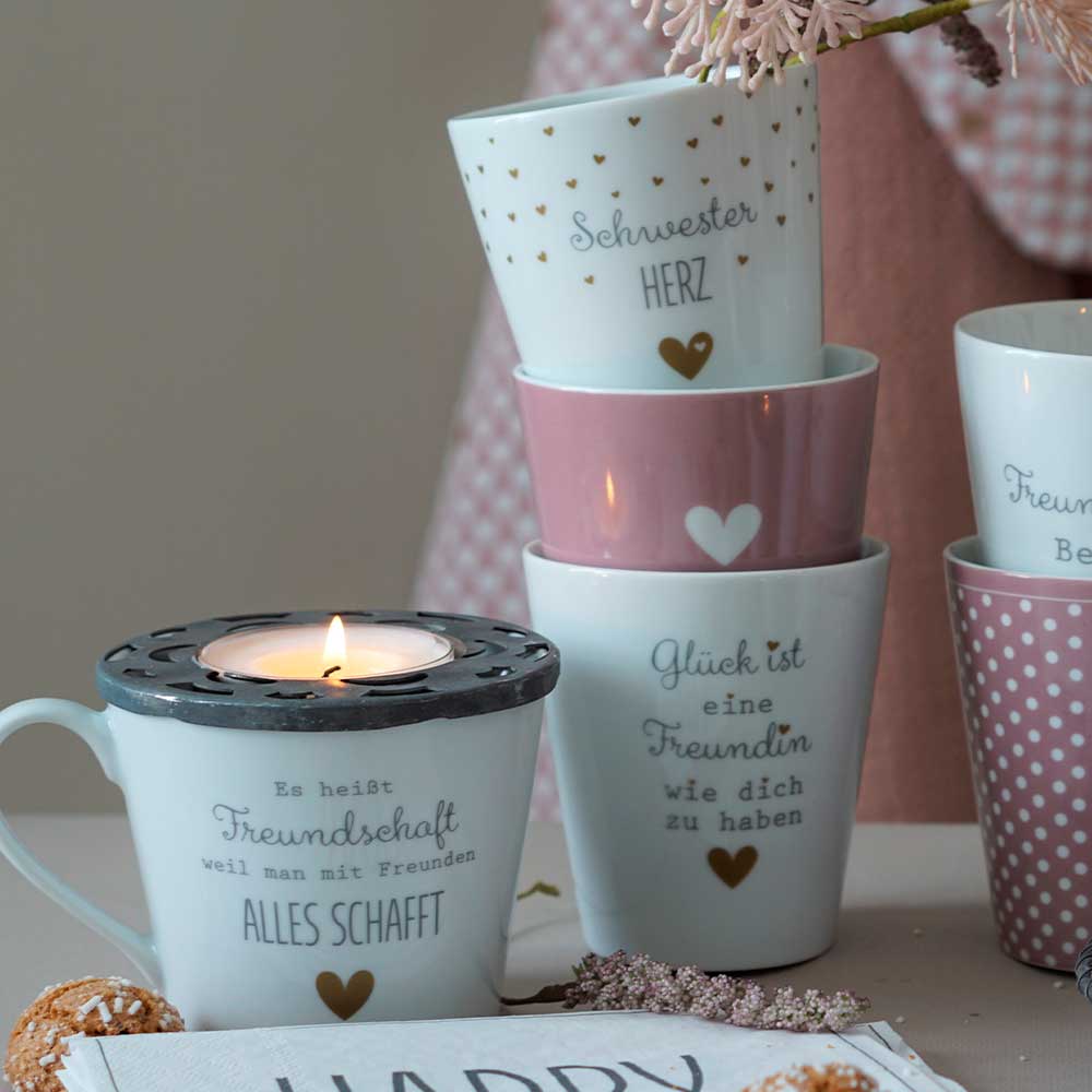Tasse "Schwester Herz", grau mit goldenen Herzen