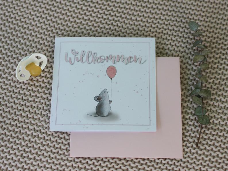 Babykarte "Willkommen" rosa mit Maus
