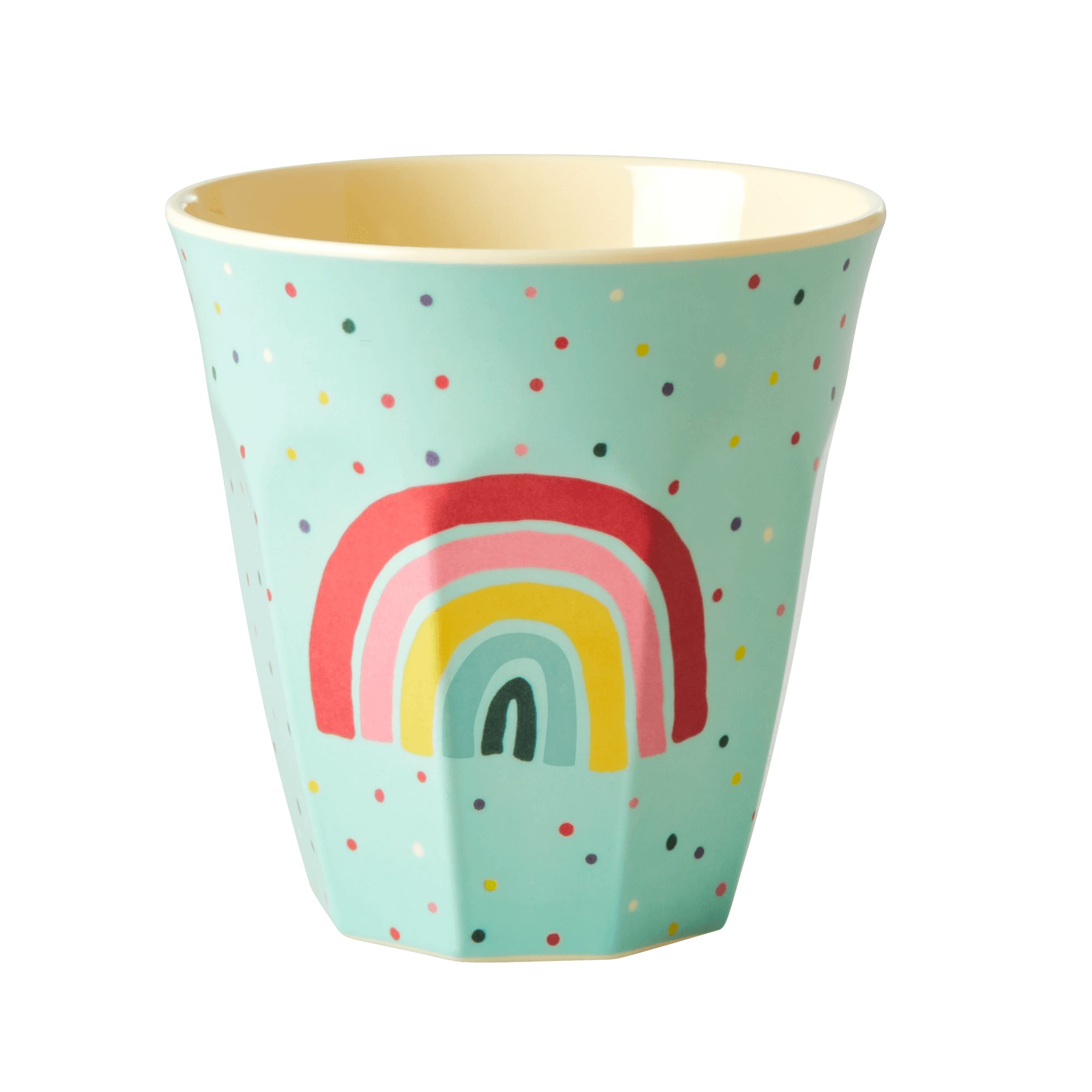 Becher Regenbogen und Punkte (hellblau/rosa) (Personalisierung möglich)
