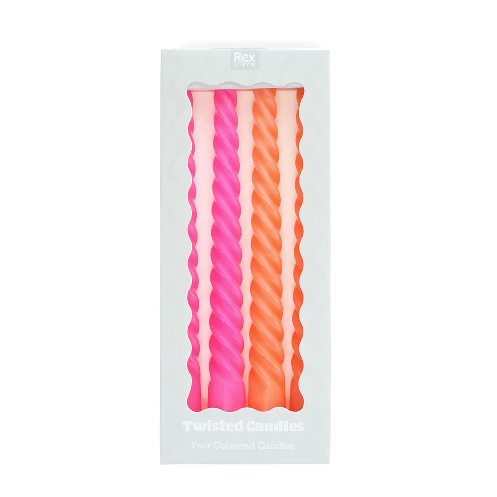 Gedrehte Kerzen, leuchtendes Pink und Orange (4er-Set)