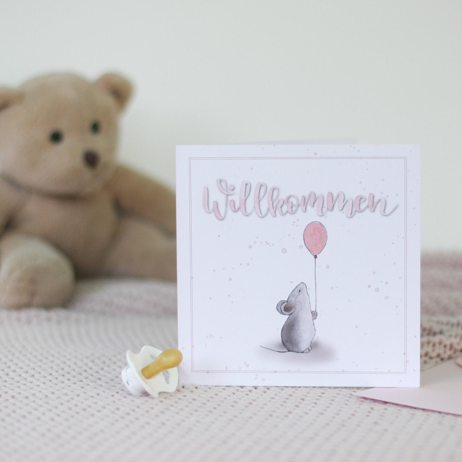 Babykarte "Willkommen" rosa mit Maus