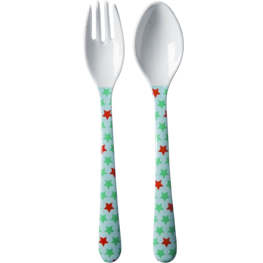 Kinderbesteck-Set Gabel und Löffel, Sterne türkis/grün