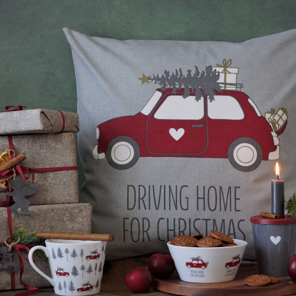 Kissenhülle, grau "driving home for Christmas"