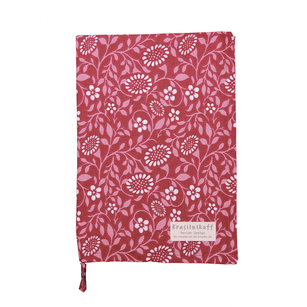 Geschirrtuch, "Blumen und Ranken", rosa-rot