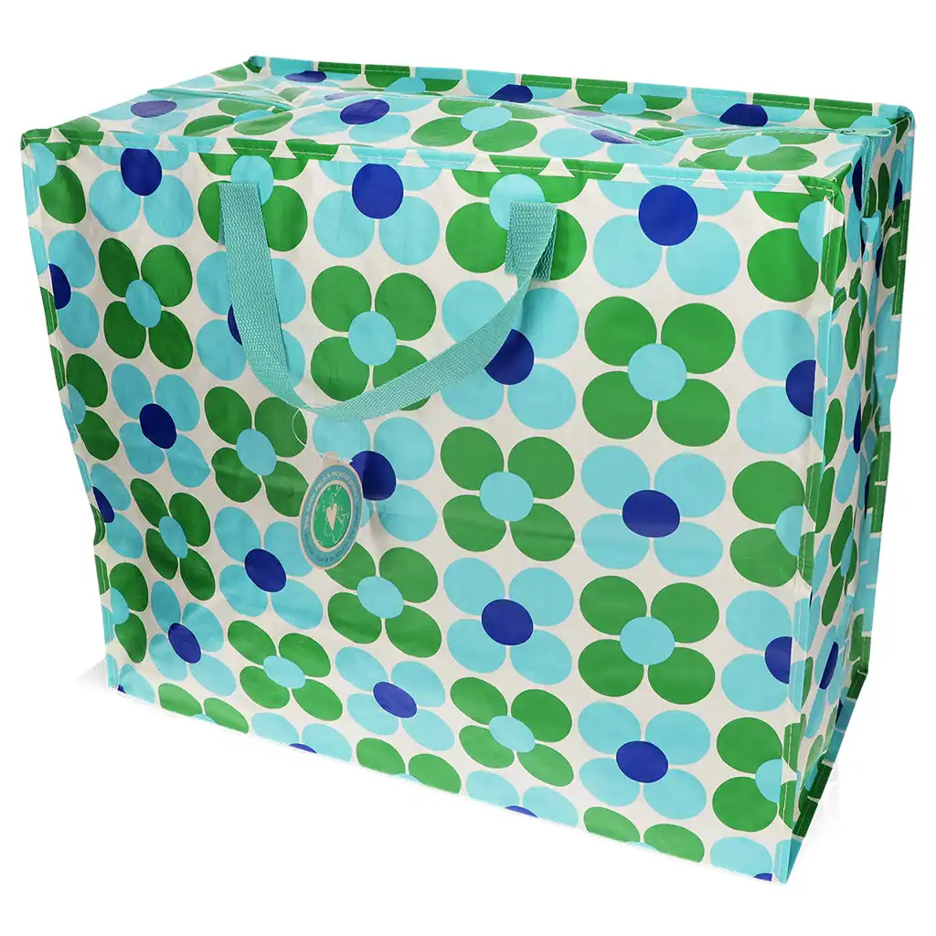 Große Tasche mit Gänseblümchen, grün/blau