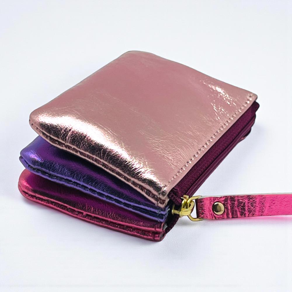 Portemonnaie, mini 3er, Leder, metallic pink