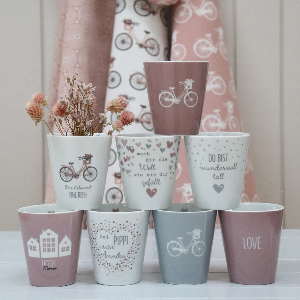 Tasse "Das Leben ist eine Reise", Fahrrad, grau/rosa