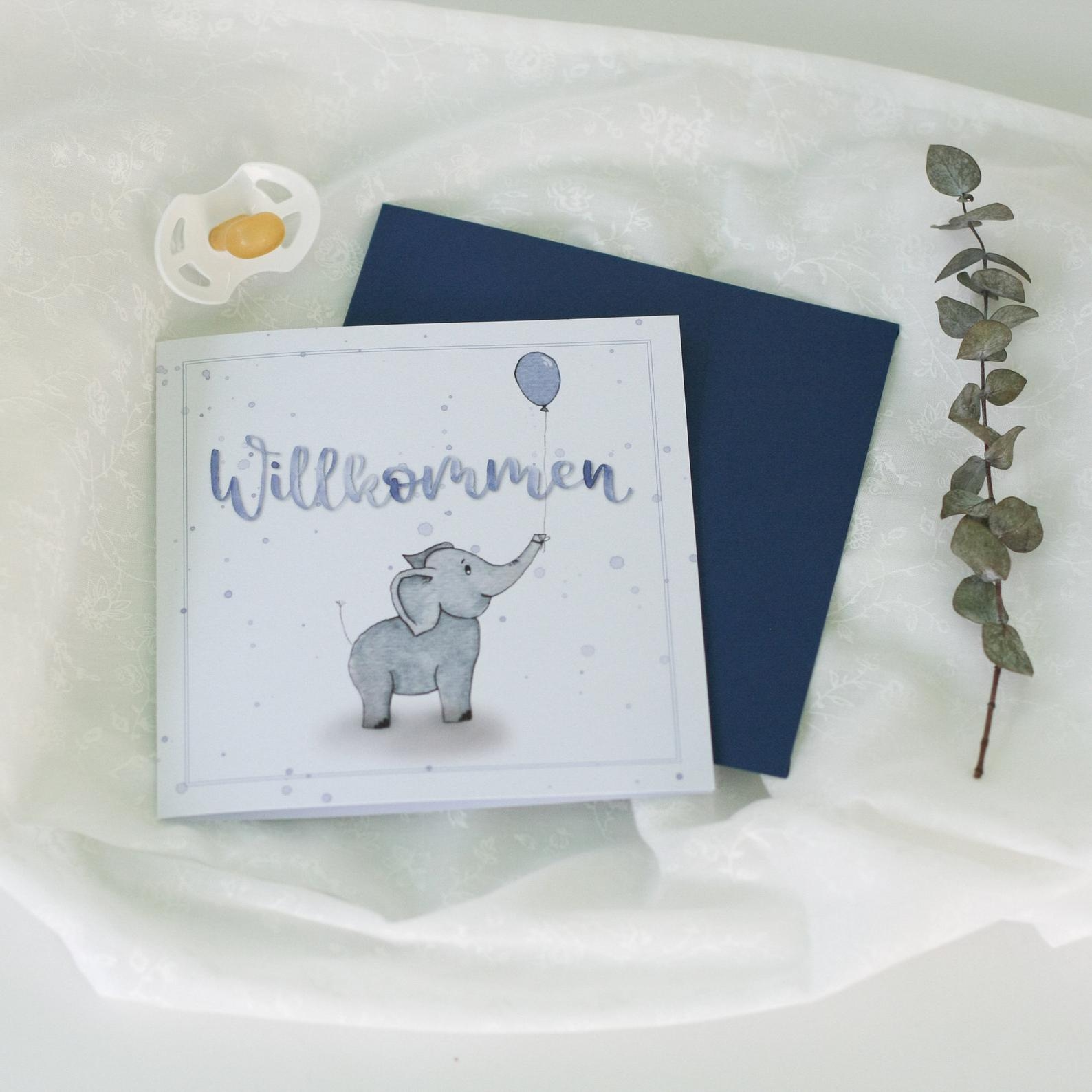 Babykarte "Willkommen" blau mit Elefant