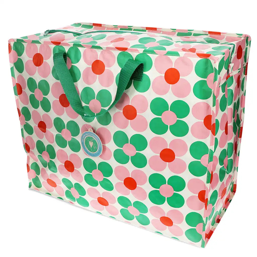 Große Tasche mit Gänseblümchen, grün/rosa