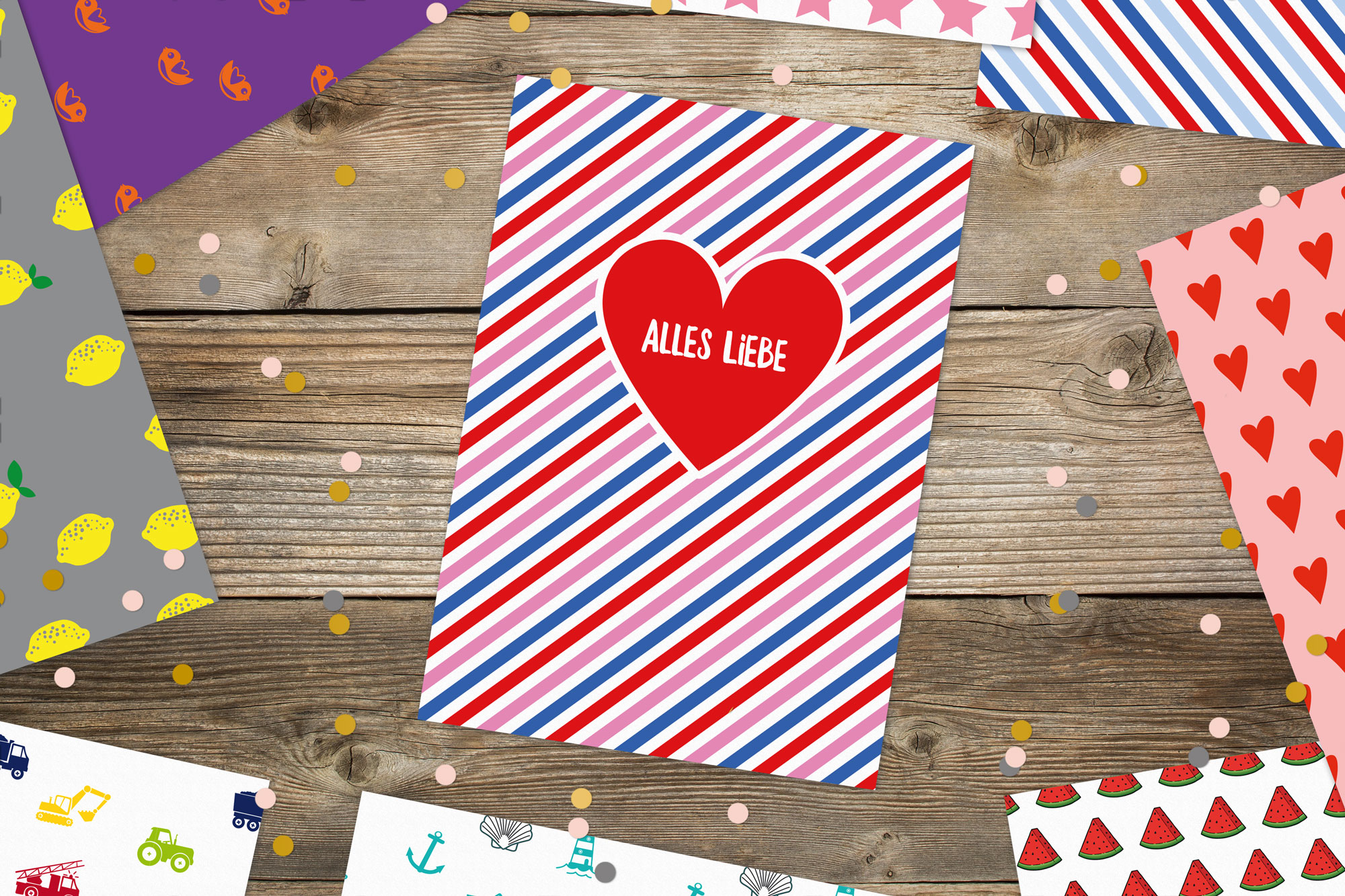 Postkarte "Alles Liebe" mit Streifen