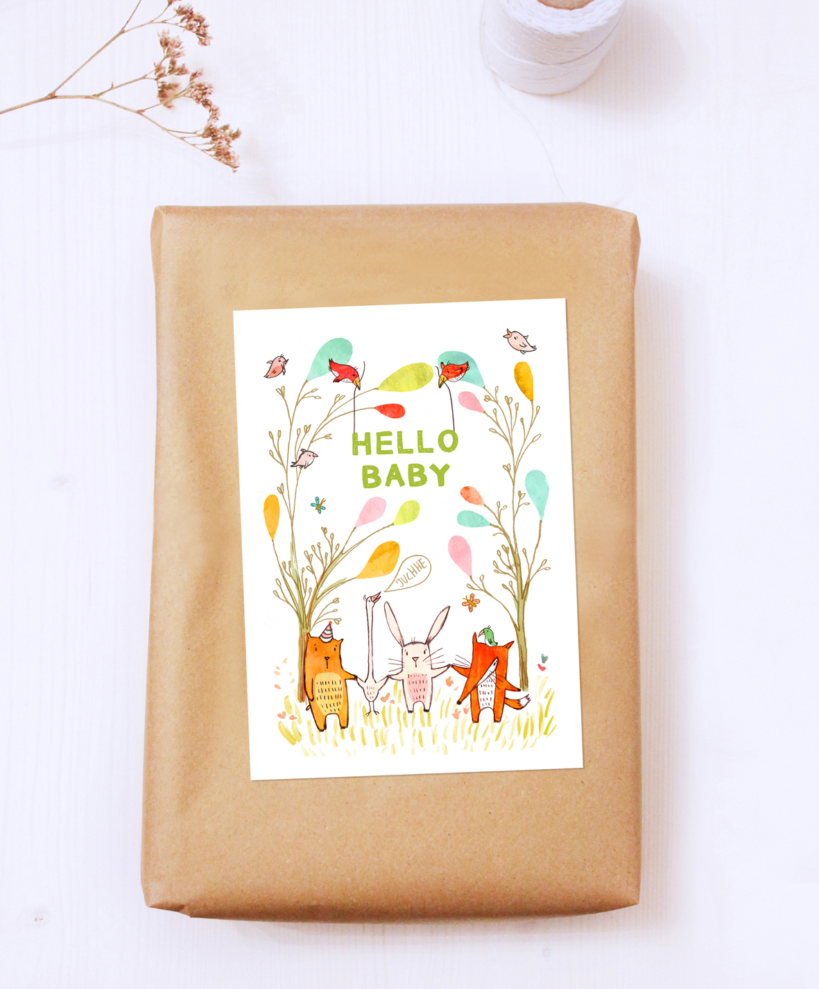 Postkarte "Tiere Hello Baby", weiß
