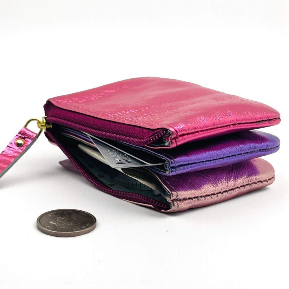 Portemonnaie, mini 3er, Leder, metallic pink