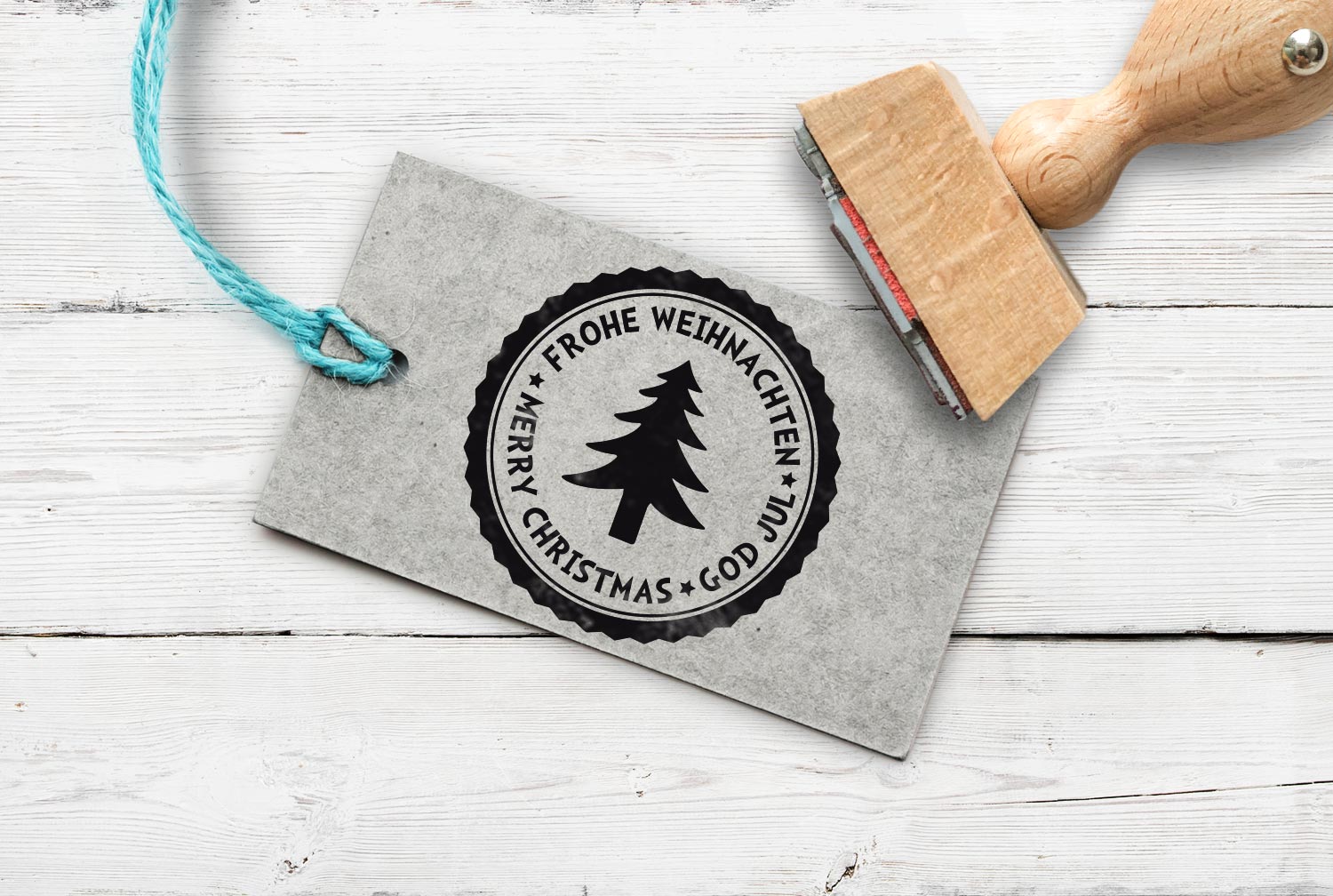 Stempel "Frohe Weihnachten" rund mit Tannenbaum, 45 mm
