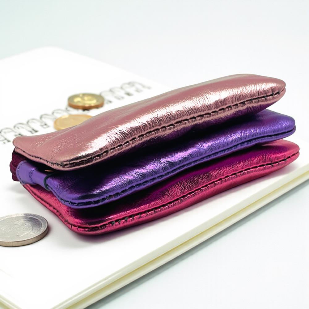Portemonnaie, mini 3er, Leder, metallic pink