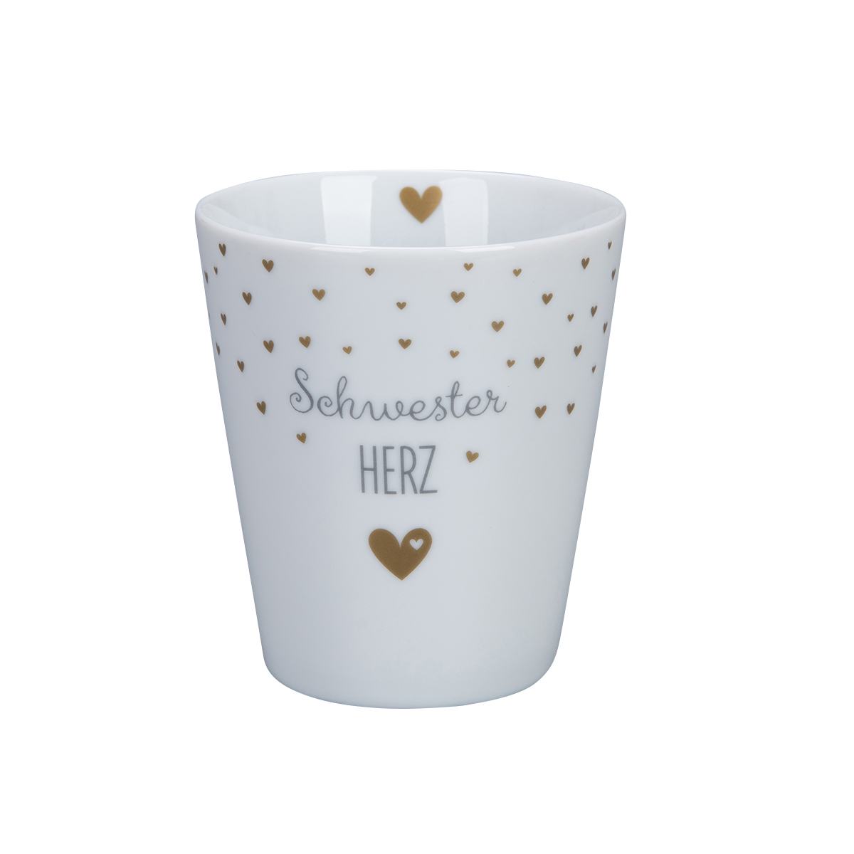 Tasse "Schwester Herz", grau mit goldenen Herzen