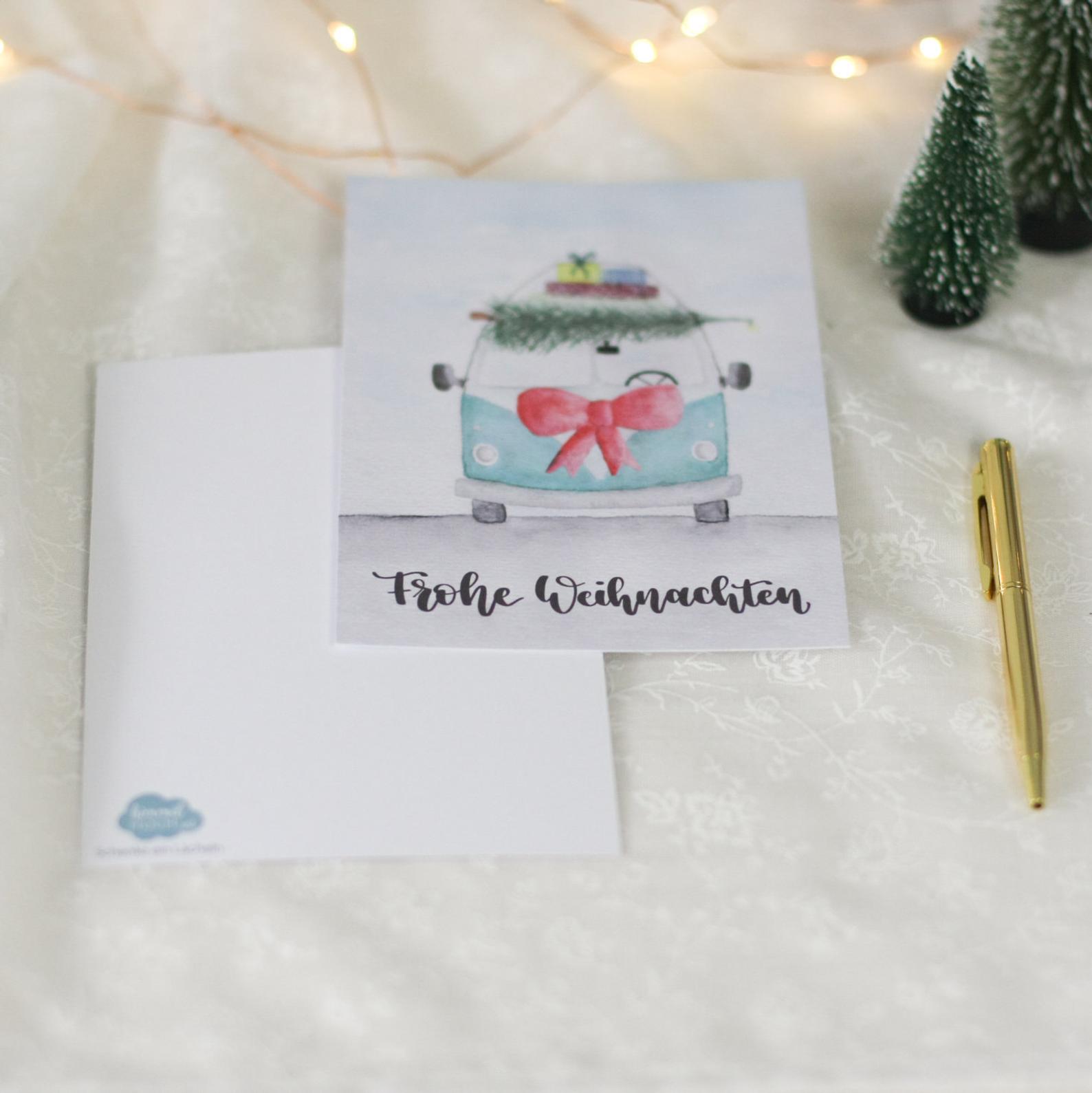 Postkarte „Frohe Weihnachten“ mit Bulli