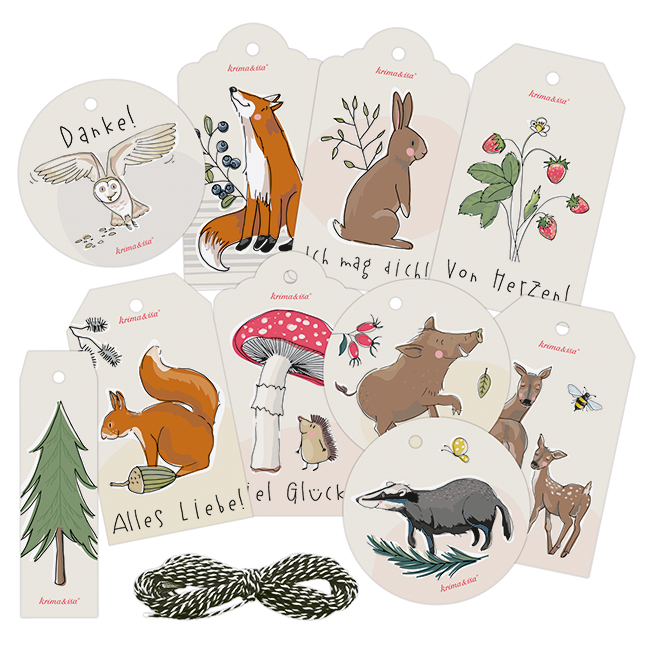 krima&isa Geschenkanhänger-Set "Waldtiere" (10 Stück)