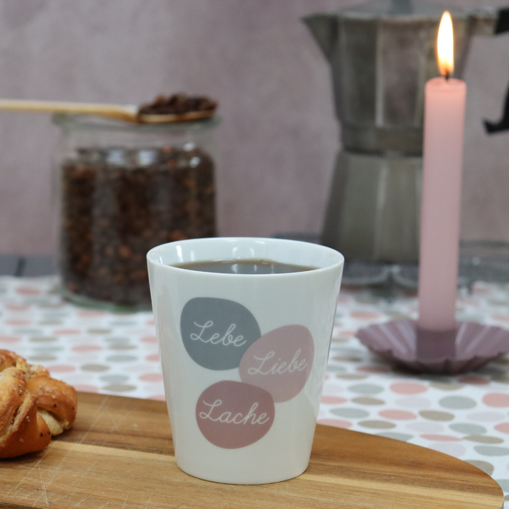 Tasse "Lebe Liebe Lache", grau/rosa