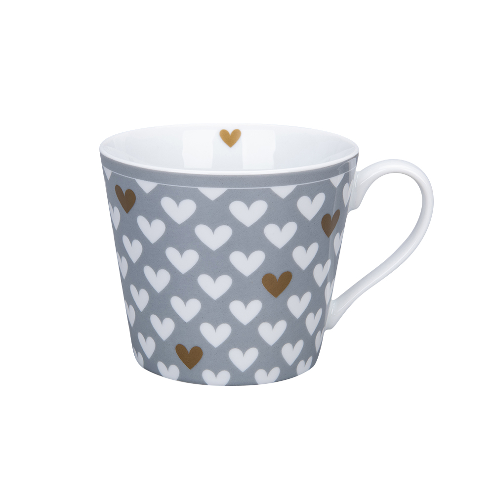 Tasse mit Henkel und Herzen, grau/weiß