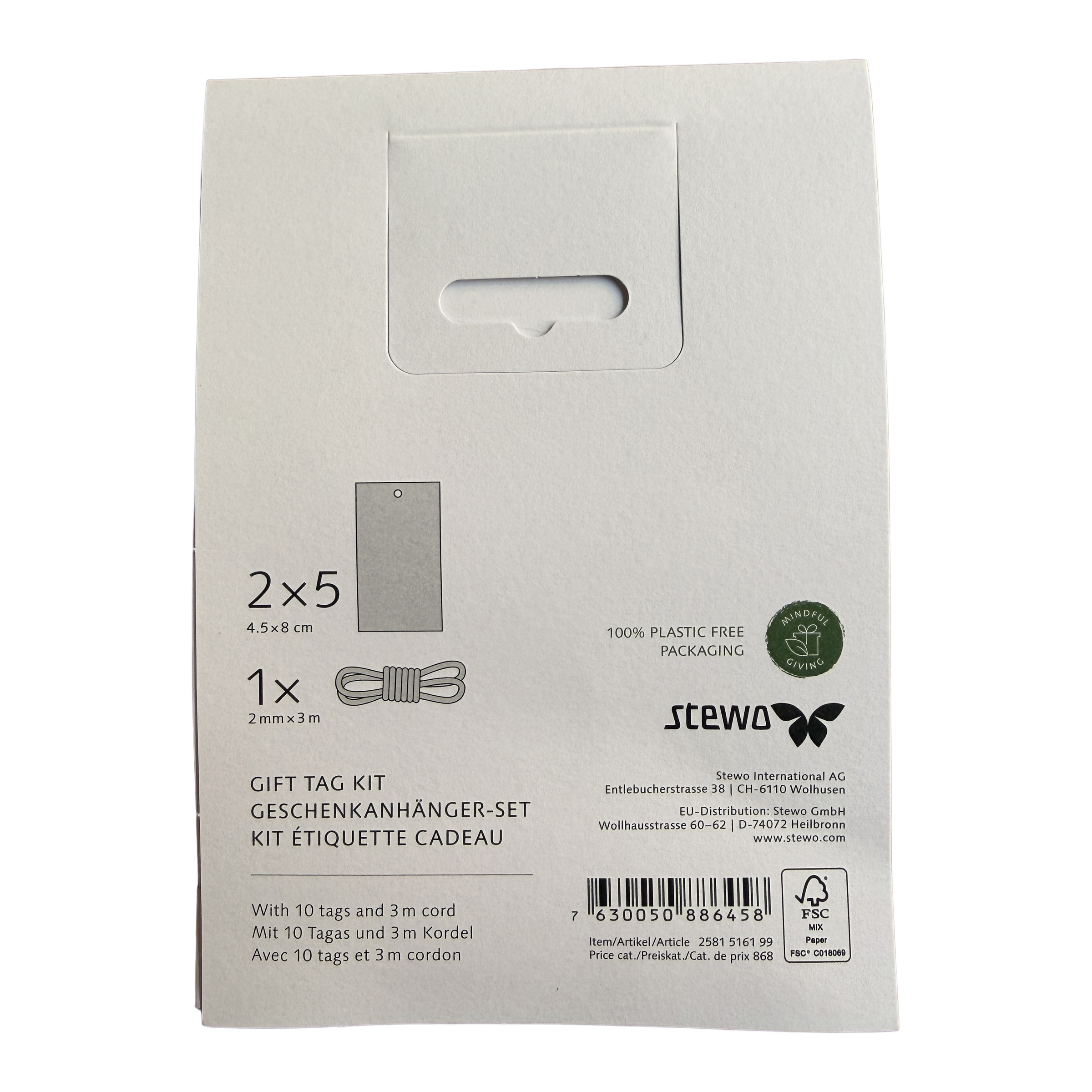 Rückseite der Verpackung STEWO Geschenkanhänger-Set Uni Pure mit Inhaltsangabe 10 Anhänger 4,5 x 8 cm und 3 m Kordel, FSC-Siegel und Herstellerangaben