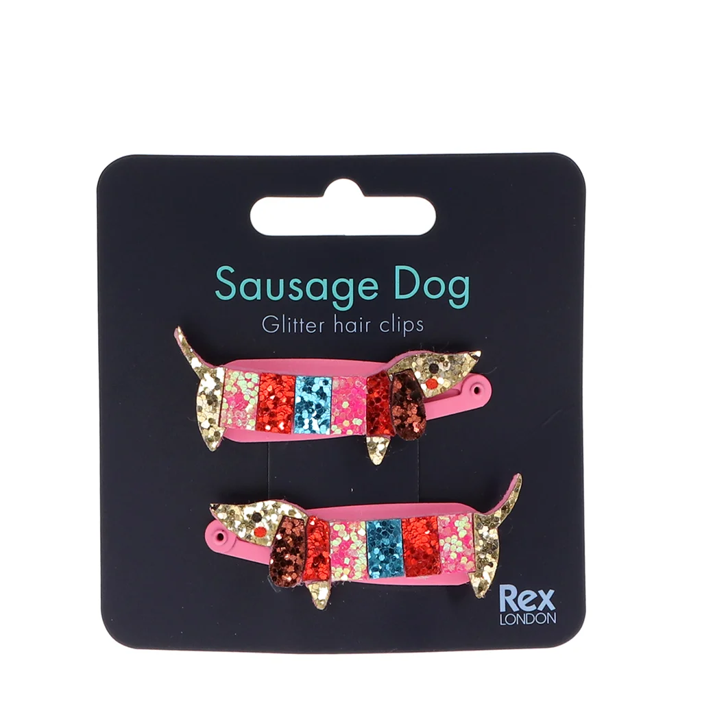Glitzer-Haarspangen, Dackel, "sausage dog" (2-er Set)