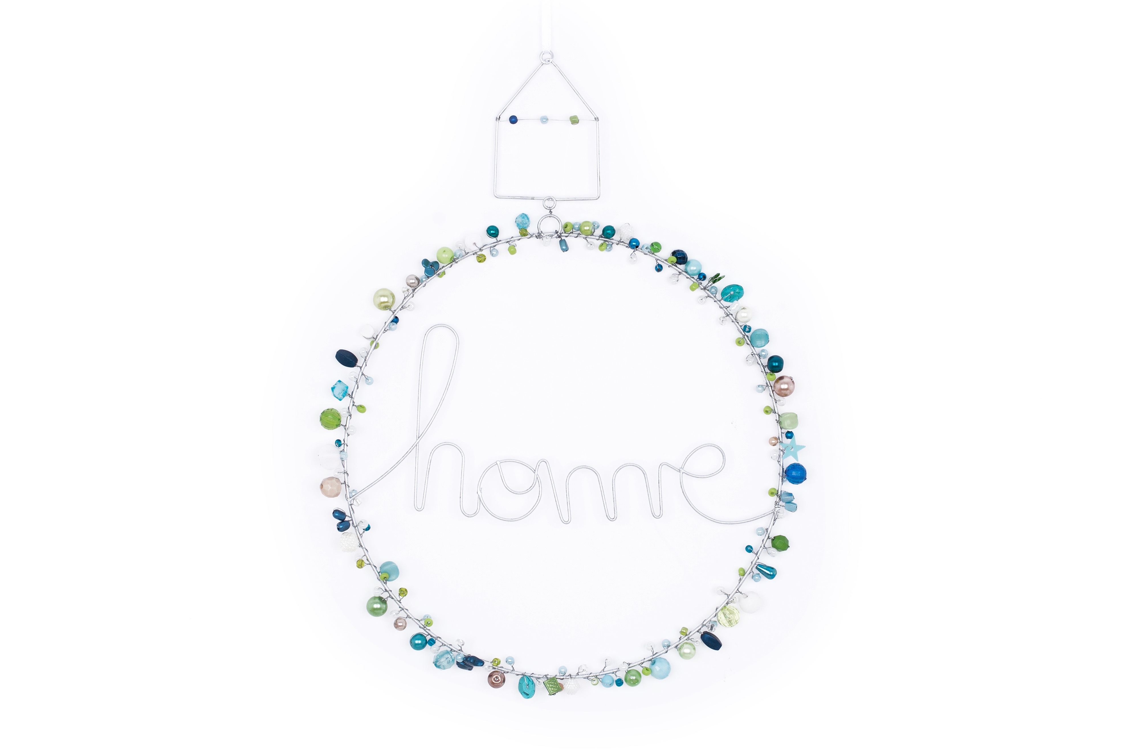 Kranz mit Perlen und Schriftzug "home" Nordic (blau/grün/silber)