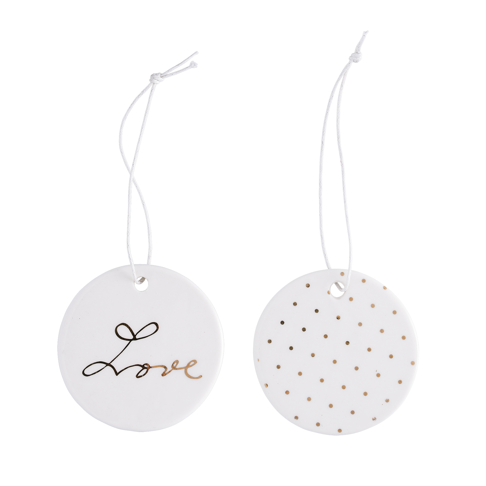 Anhänger von Bloomingville aus Steingut, rund mit goldenem Schriftzug "Love"
