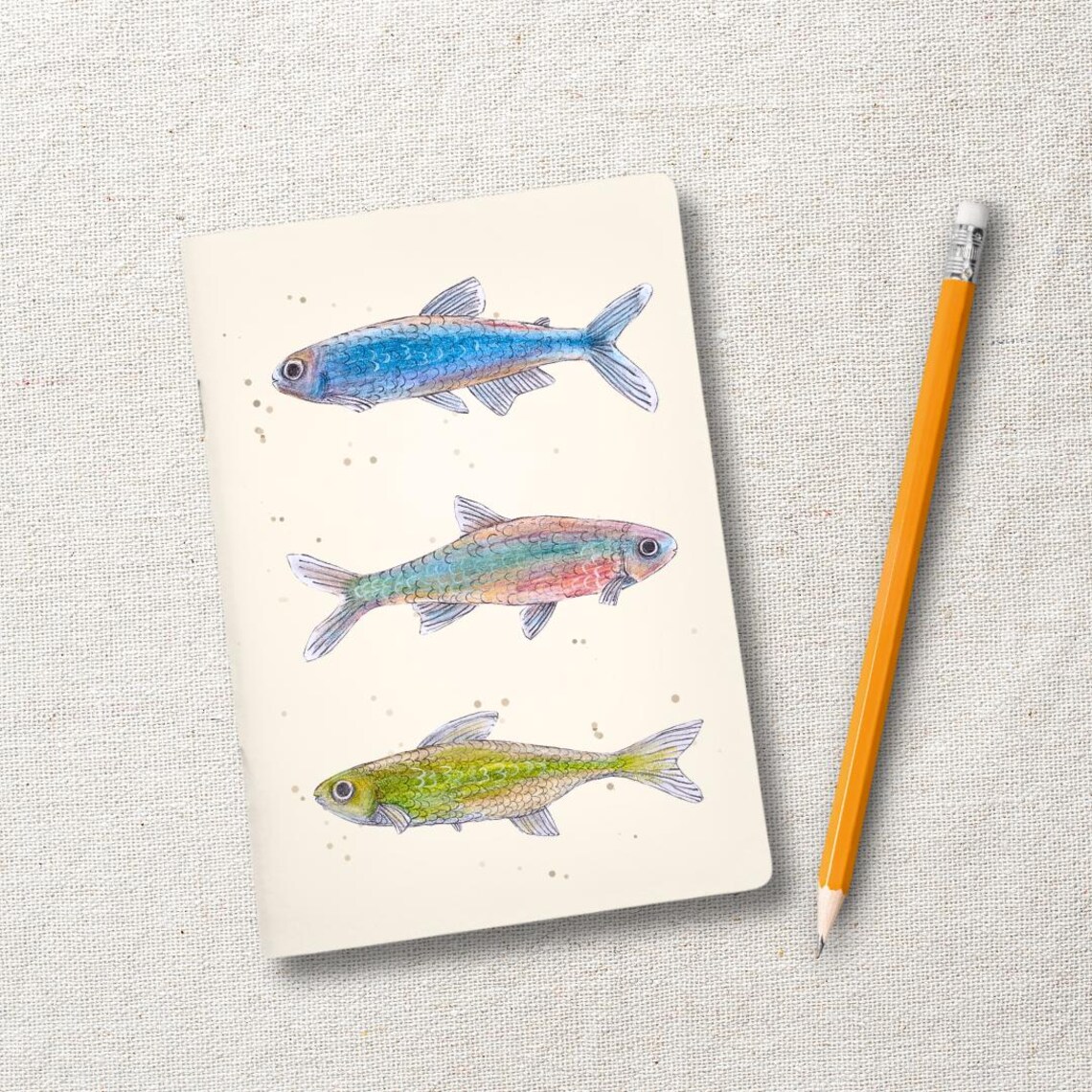 Notizheft Fischschwarm, DIN A6, blanko (handgemalt & handgemacht)