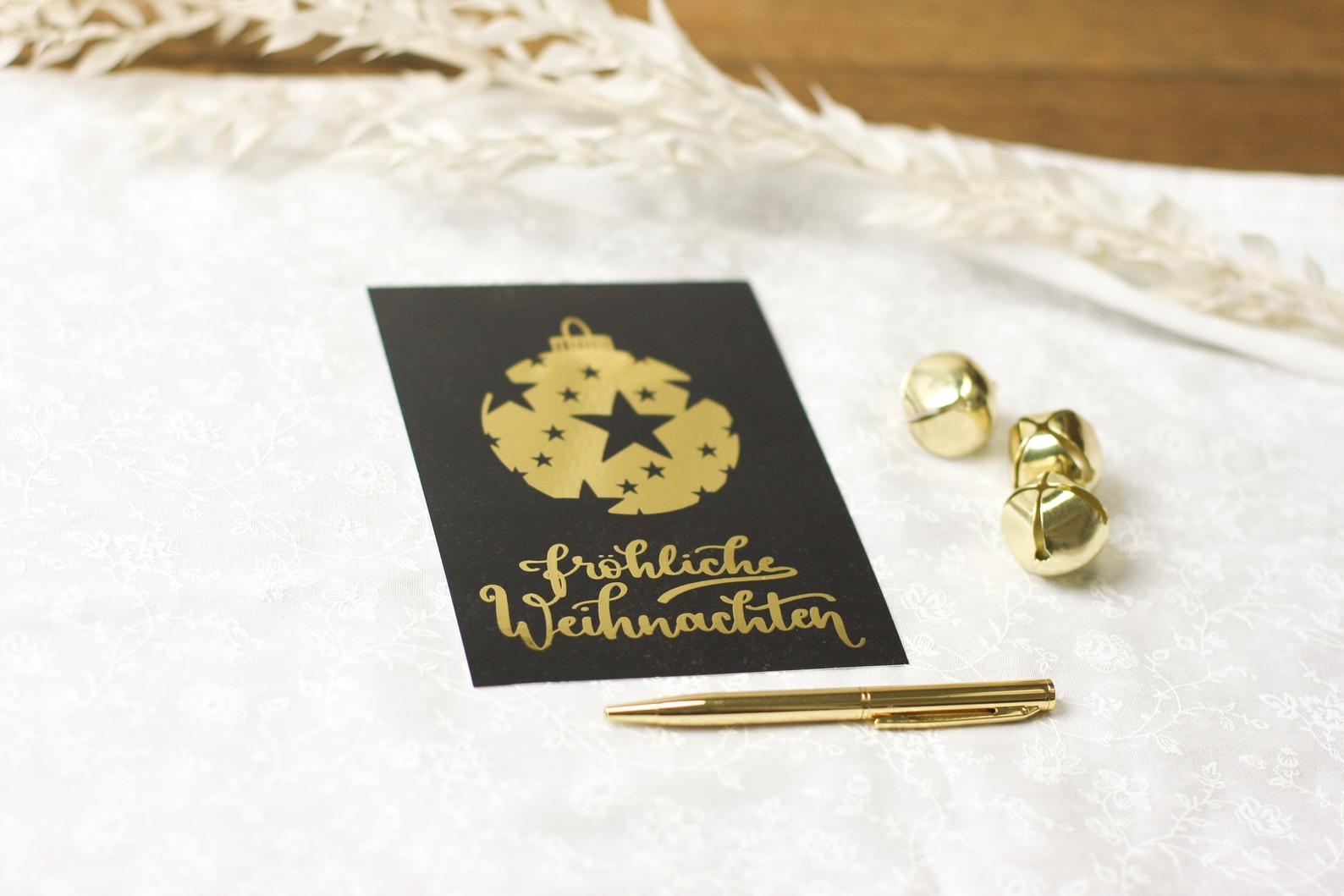 Postkarte „Fröhliche Weihnachten“, schwarz/gold
