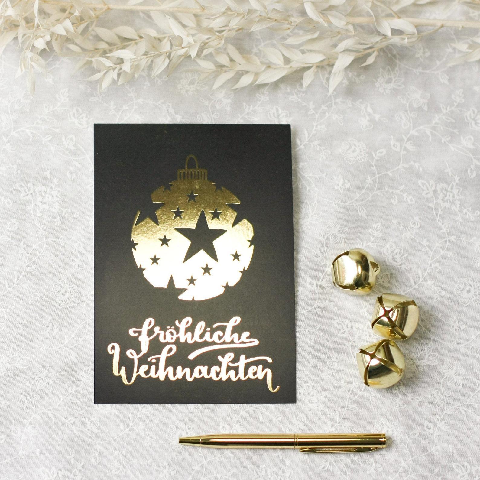 Postkarte „Fröhliche Weihnachten“, schwarz/gold