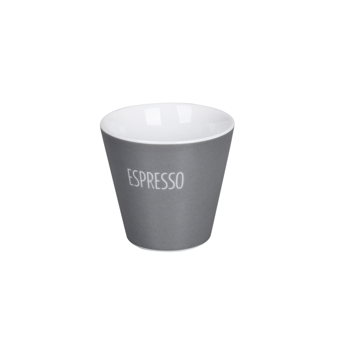 Espressotasse in dunkelgrau mit weißem Schriftzug "Espresso"