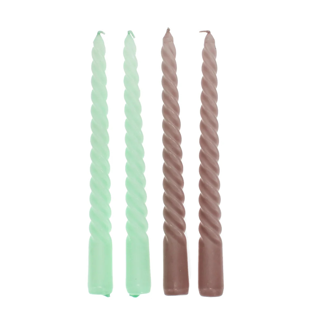 Gedrehte Kerzen, Mintgrün und Taupe (4er-Set)