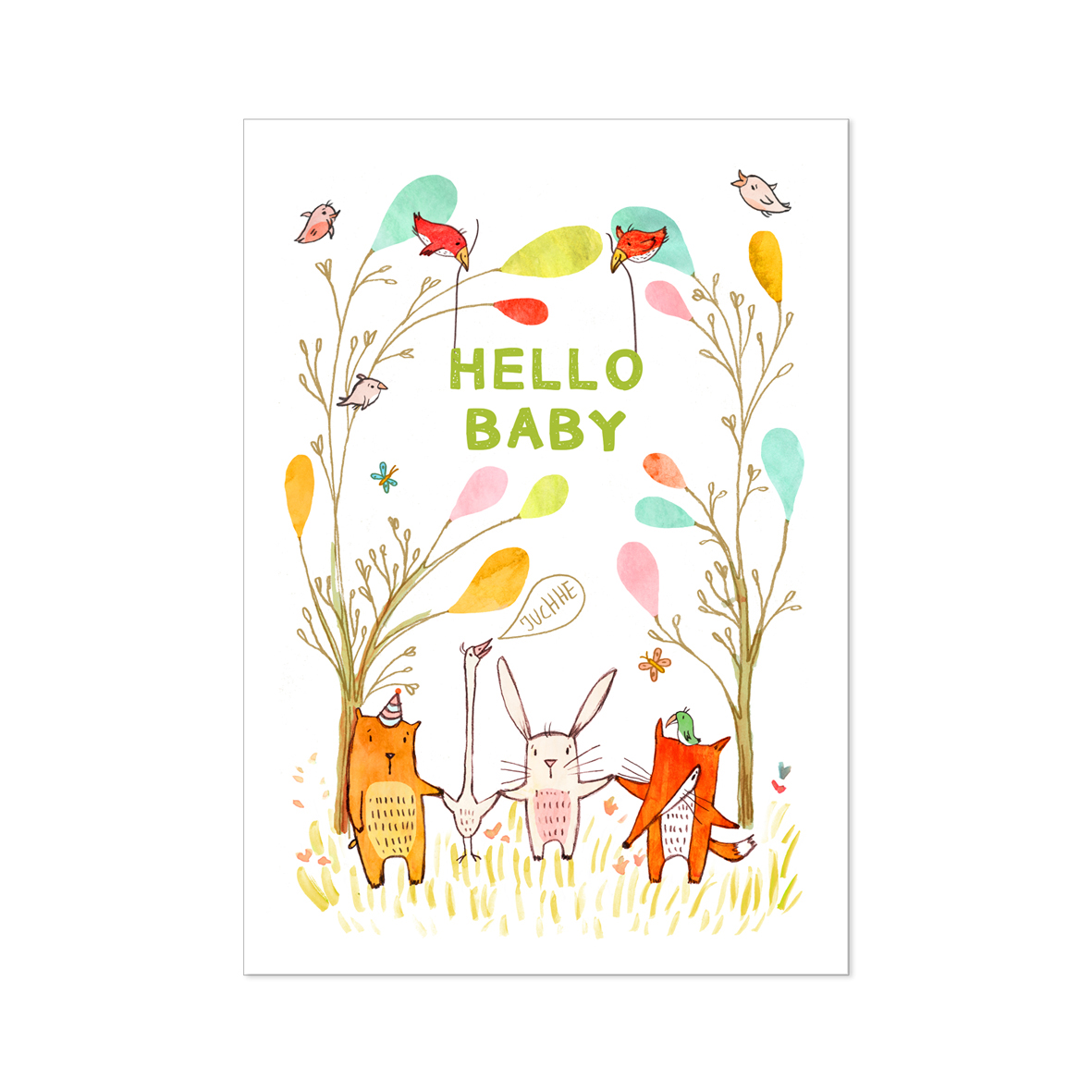 Postkarte "Tiere Hello Baby", weiß