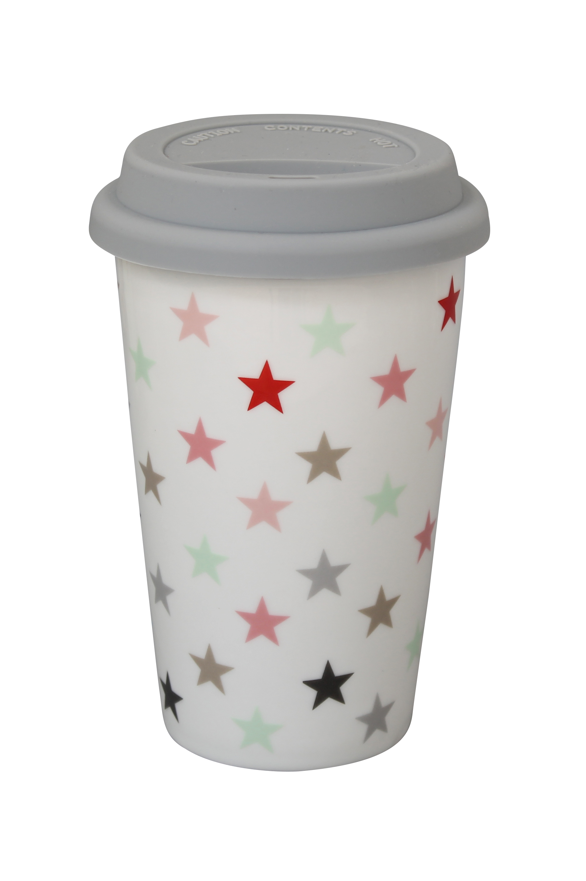 Tasse "to go" mit Deckel, Sterne bunt
