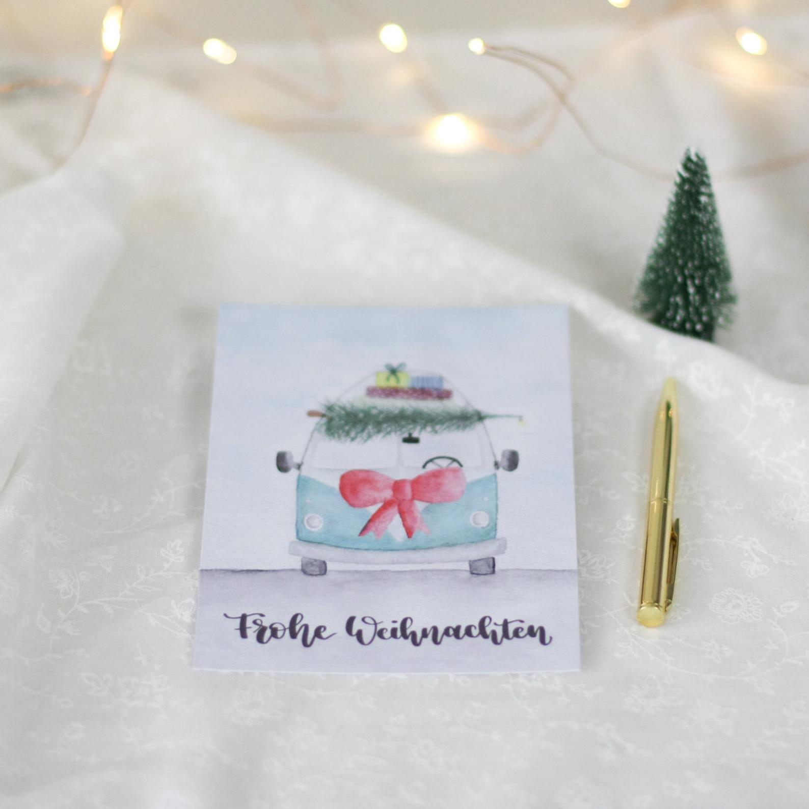 Postkarte „Frohe Weihnachten“ mit Bulli