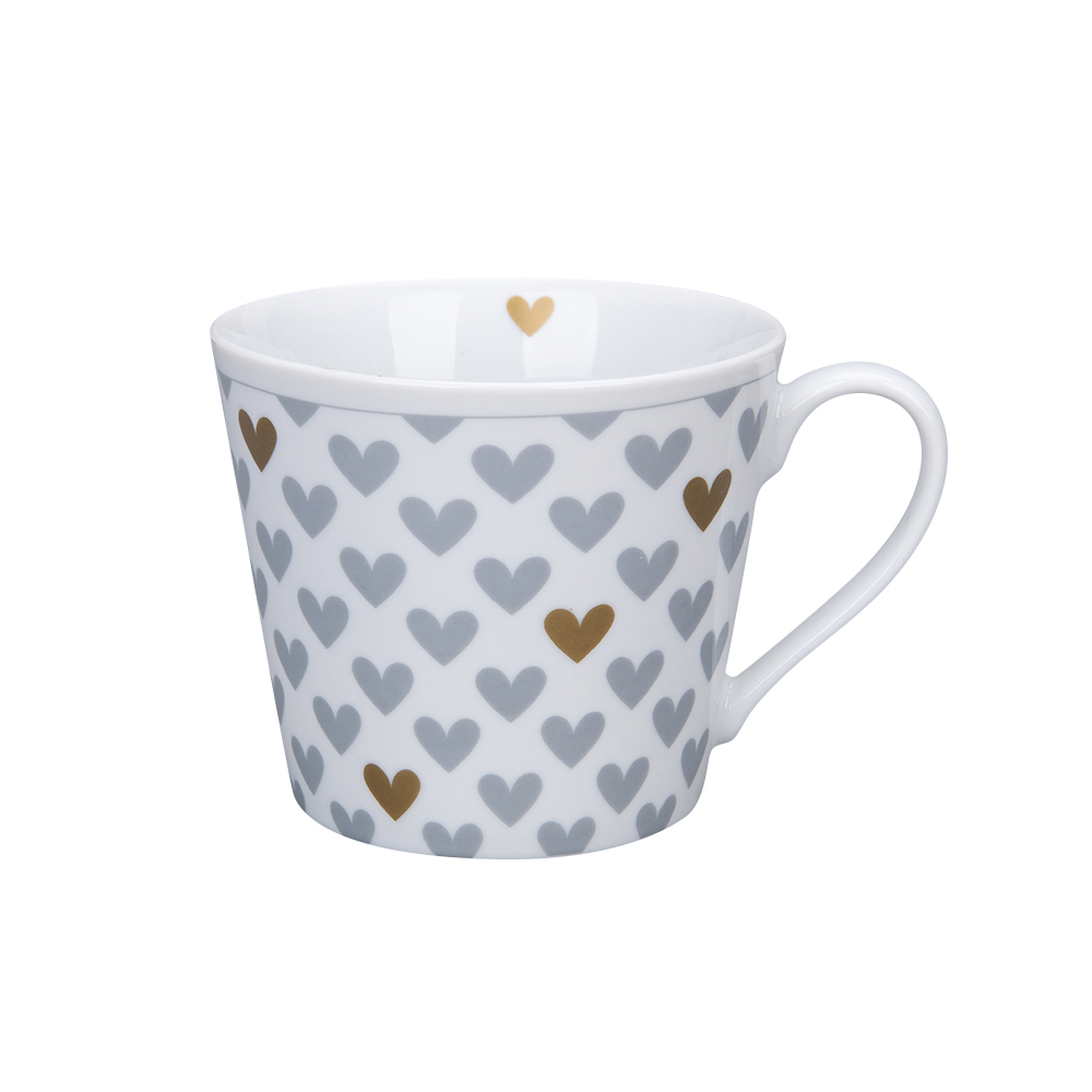 Tasse mit Henkel und Herzen, weiß/grau