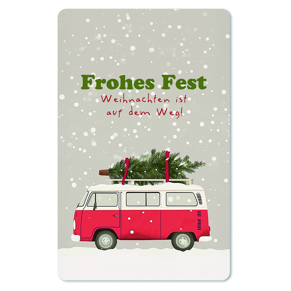 Postkarte "Frohes Fest - Weihnachten ist auf dem Weg" roter Bus