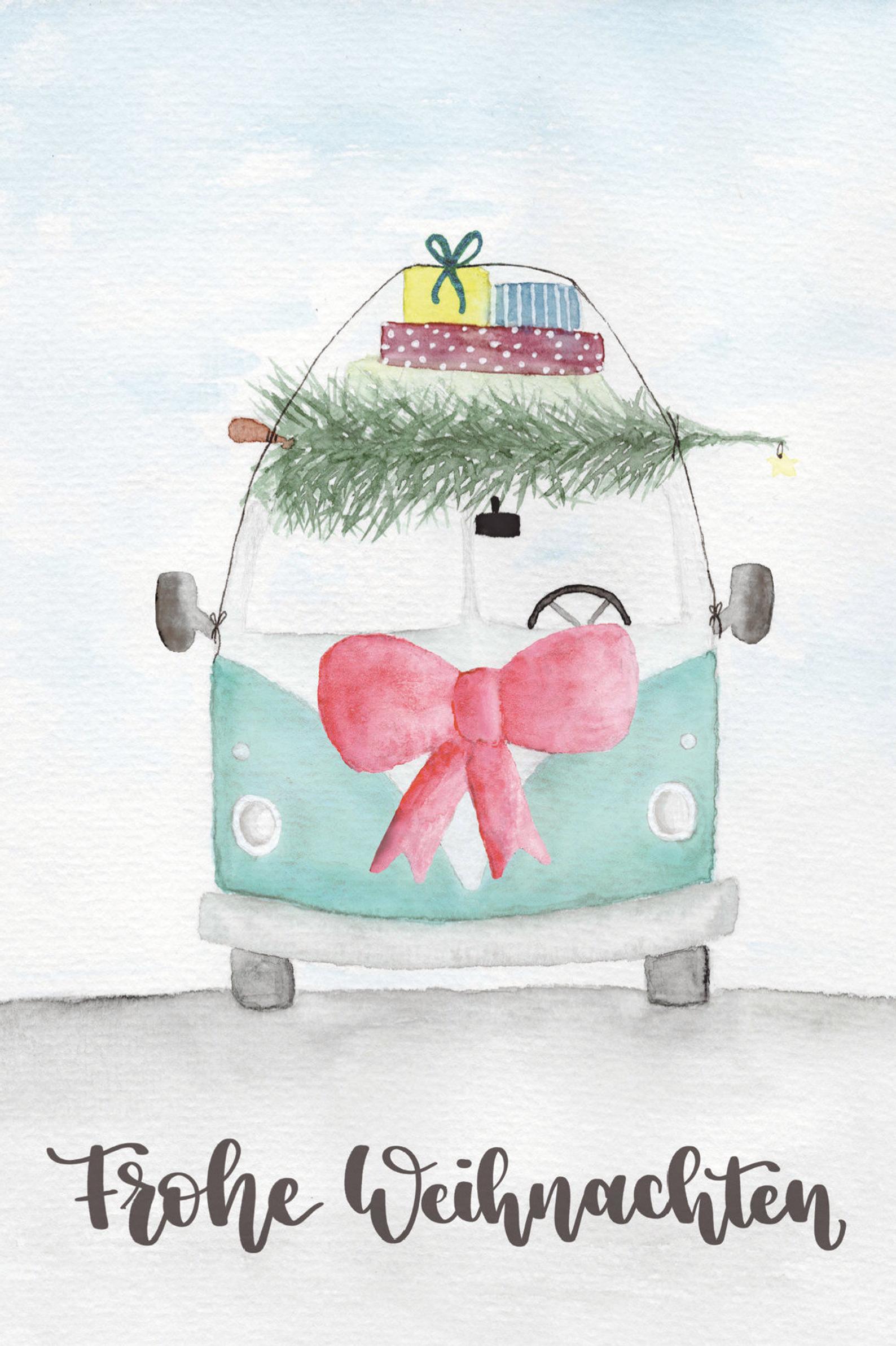 Postkarte „Frohe Weihnachten“ mit Bulli