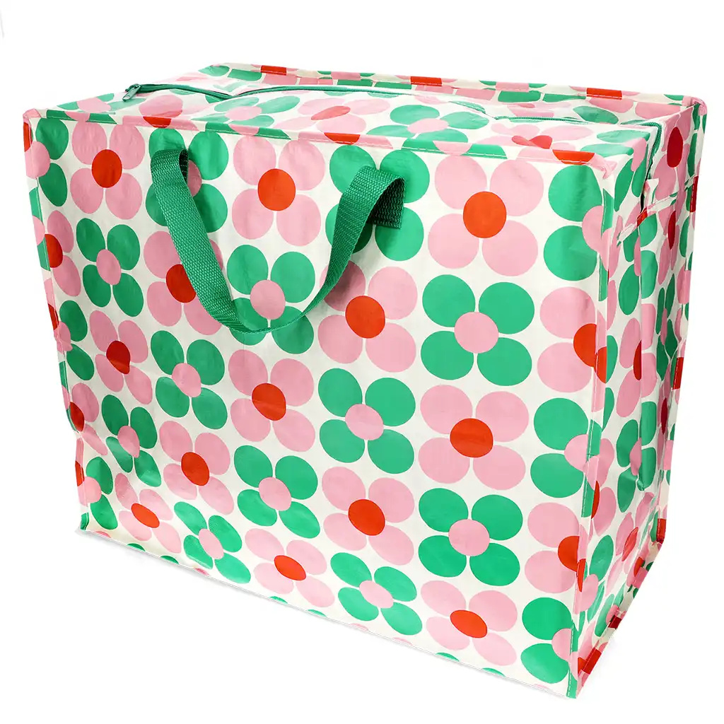 Große Tasche mit Gänseblümchen, grün/rosa