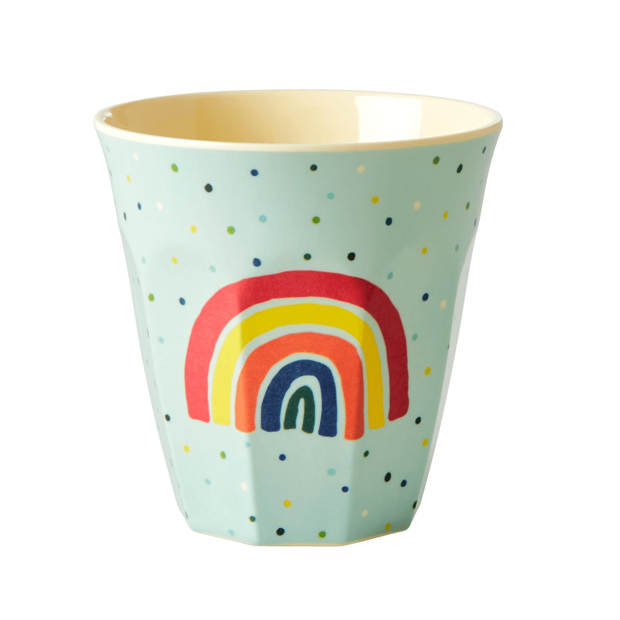 Becher Regenbogen und Punkte (hellblau/rot) (Personalisierung möglich)