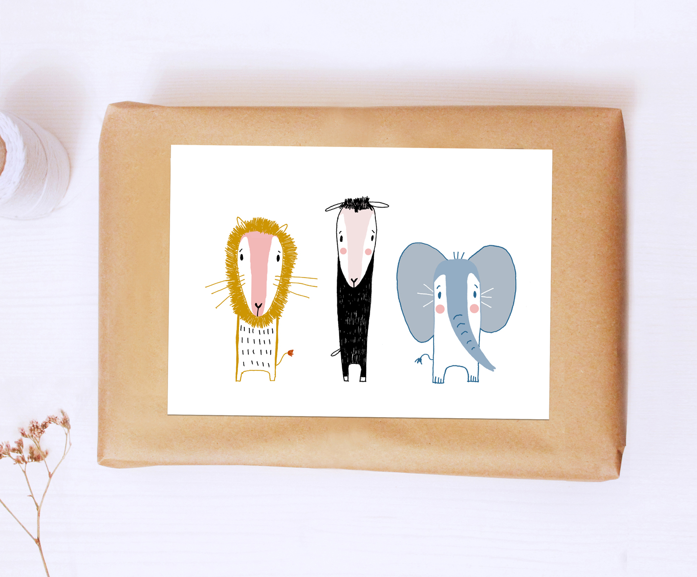Postkarte "Beste Freunde" Löwe, Schaf, Elefant