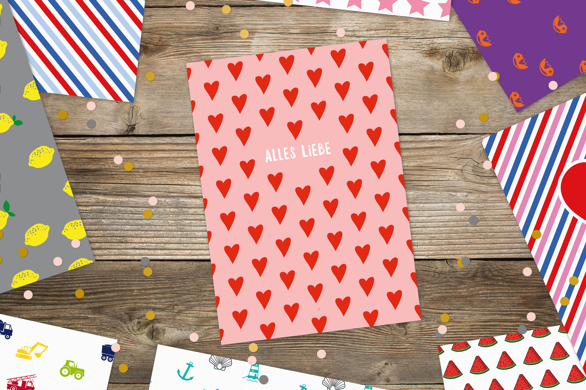 Postkarte "Alles Liebe" mit Herzen