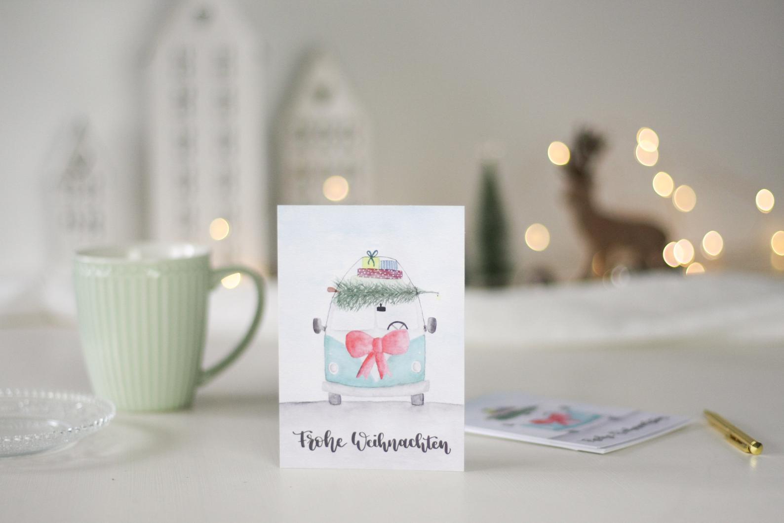 Postkarte „Frohe Weihnachten“ mit Bulli