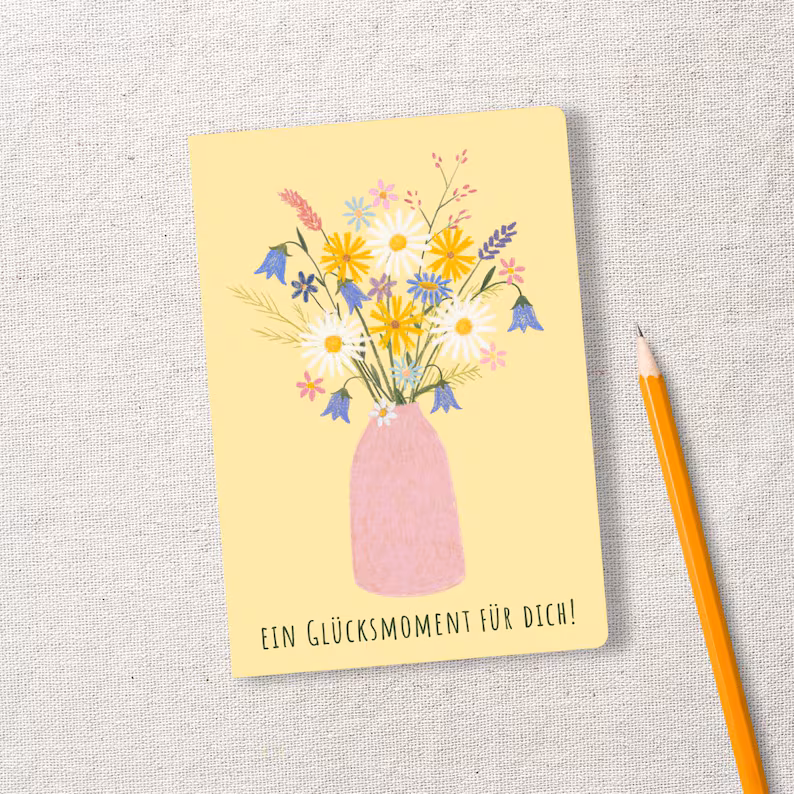 Notizheft Glücksmoment, DIN A6, blanko, Blumenvase (handgemalt & handgemacht)